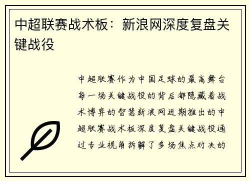 中超联赛战术板：新浪网深度复盘关键战役